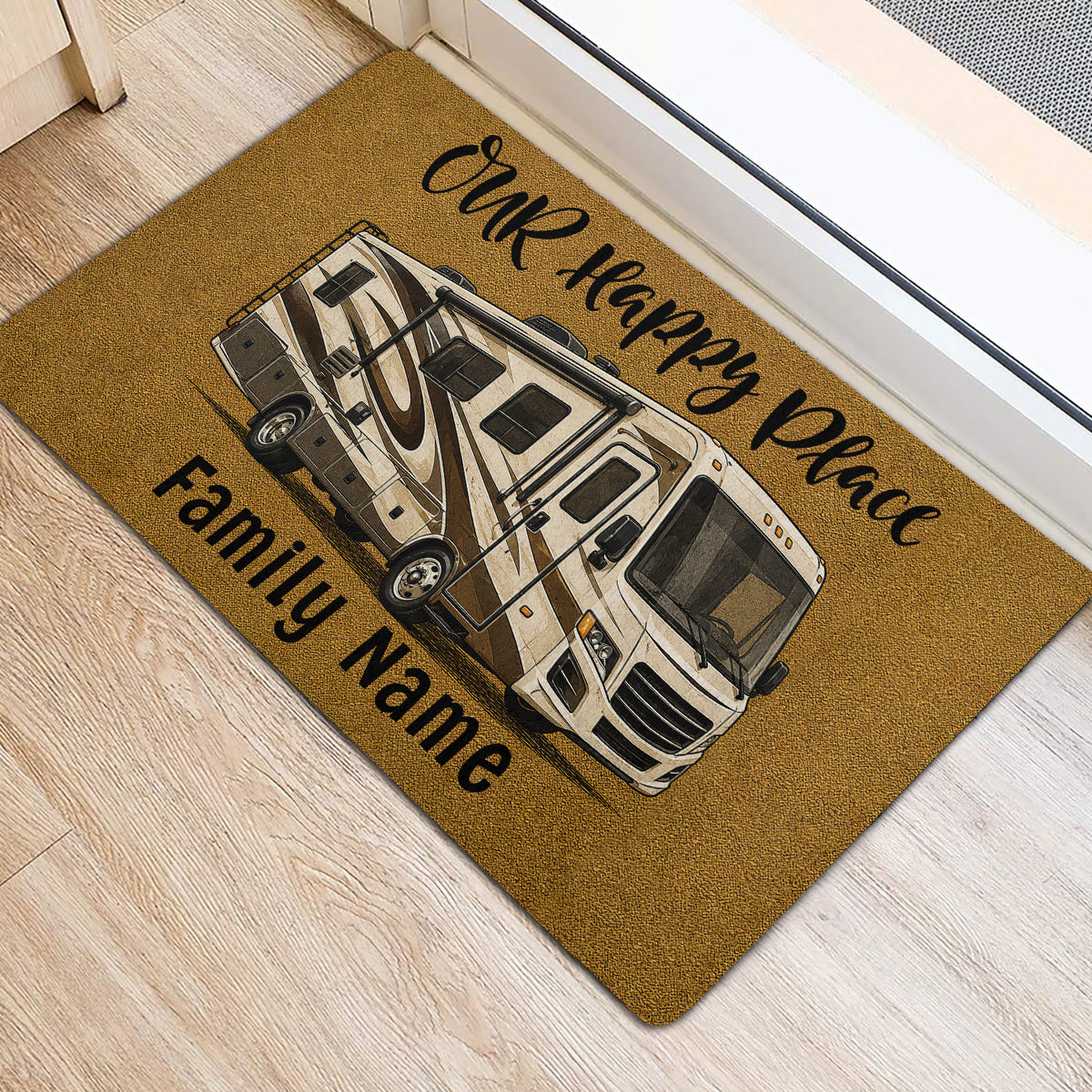 Gold RV camping entryway rug displayed beside a doorway on a light wood floor