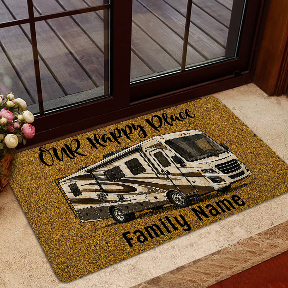 Recreational vehicle camping doormat shown at a glass entry door with warm home decor