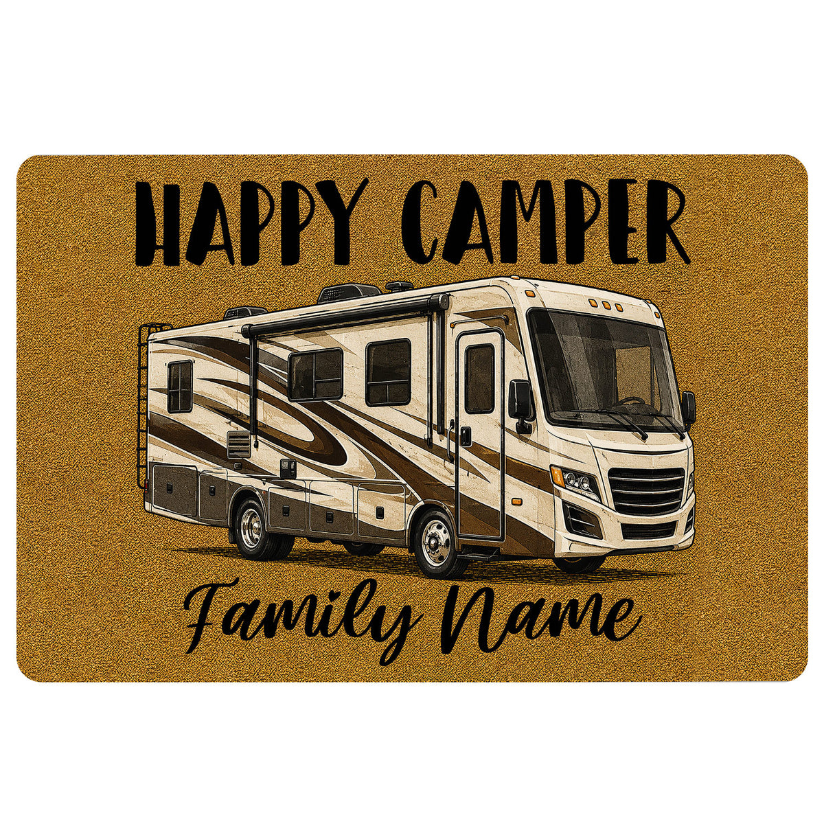 Camping doormat with a recreational vehicle illustration, golden background, and bold welcome artwork