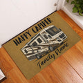 Camping RV doormat displayed at a home entryway on a hardwood floor