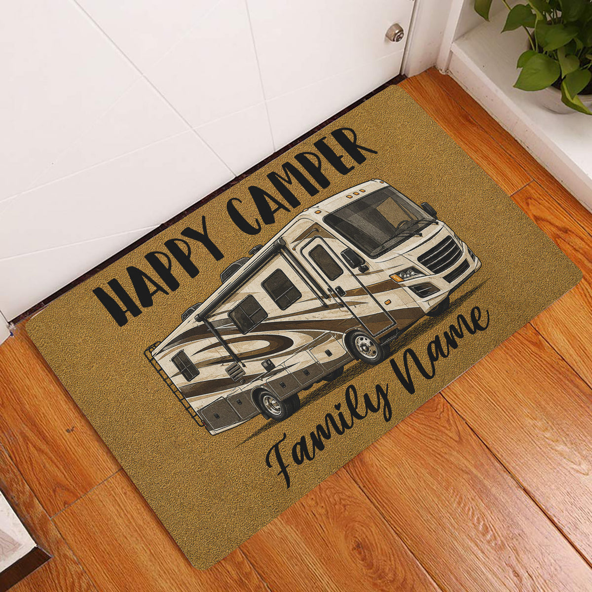 Camping RV doormat displayed at a home entryway on a hardwood floor