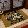 RV camping doormat styled at a glass entry door with a recreational vehicle illustration