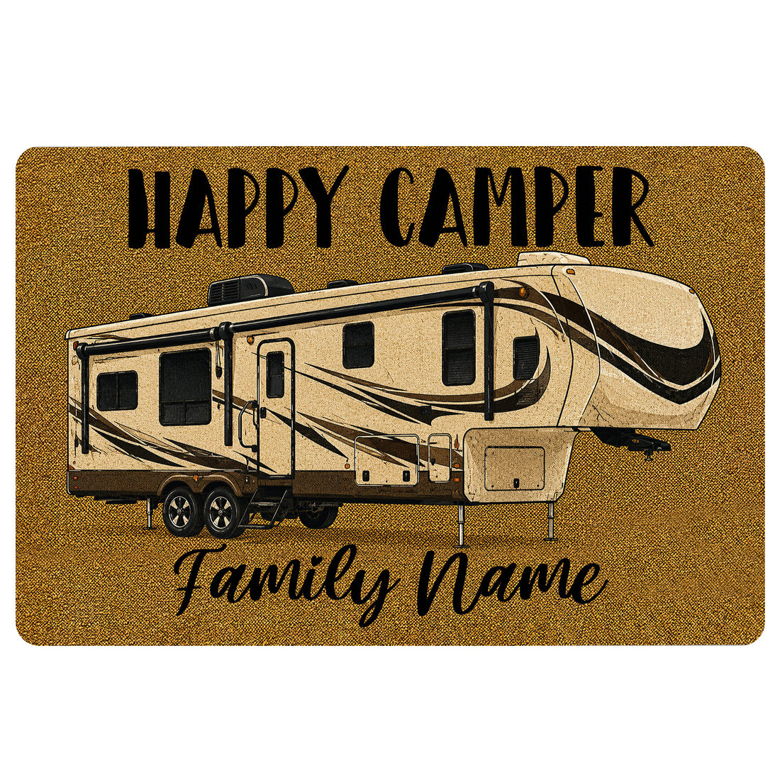 Camping doormat featuring a detailed recreational camper illustration on a warm golden background