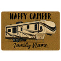 Camping doormat featuring a detailed recreational camper illustration on a warm golden background