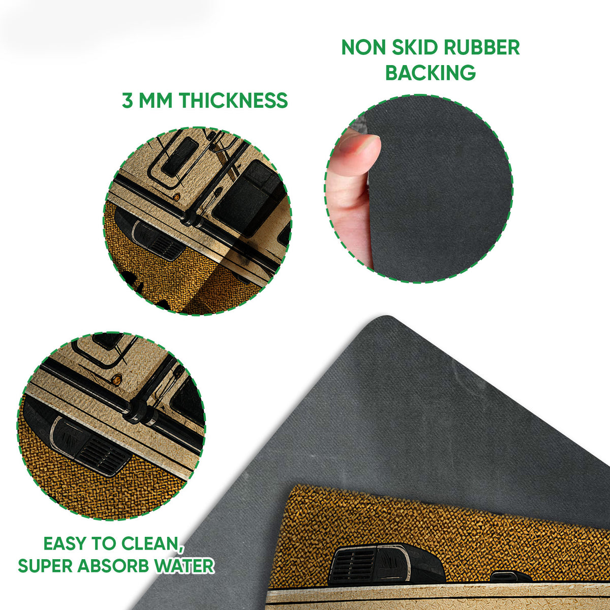 Close-up of the camping doormat artwork and dark rubber backing with construction detail views