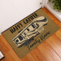 Golden camping rug with a recreational camper design displayed at a home entryway