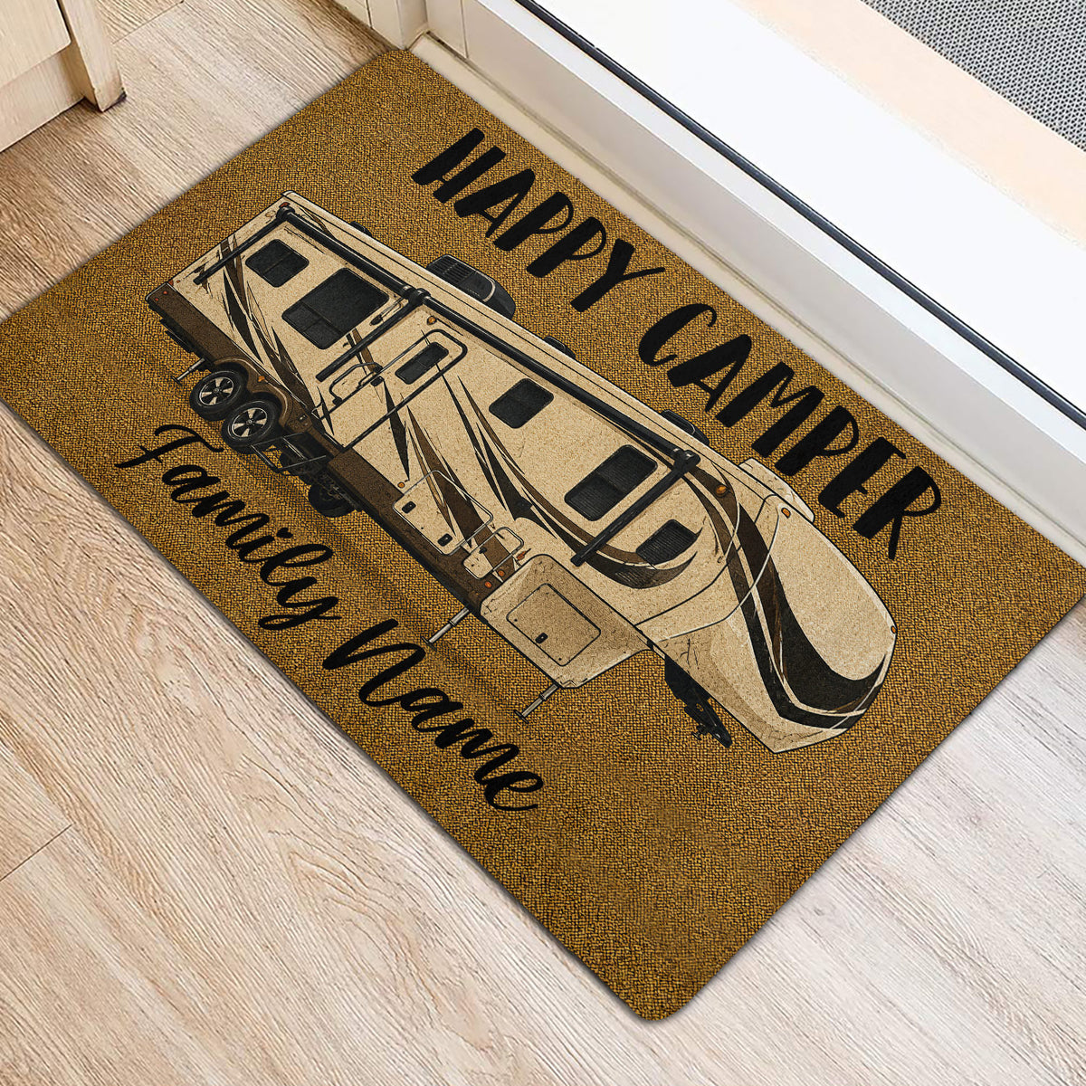 Camping-themed door mat with a large camper illustration shown beside an indoor doorway