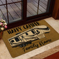 Recreational camper doormat styled at a glass entry door with warm home decor surroundings