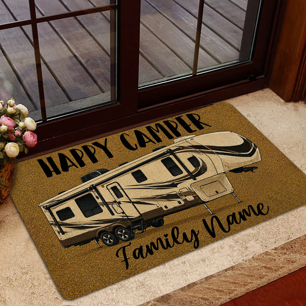 Recreational camper doormat styled at a glass entry door with warm home decor surroundings