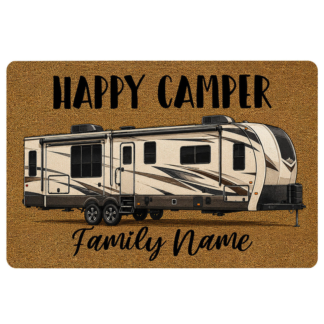 Camping doormat featuring a travel trailer, Happy Camper lettering, and a family-themed script message