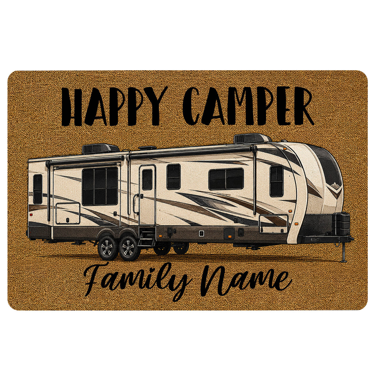 Camping doormat featuring a travel trailer, Happy Camper lettering, and a family-themed script message