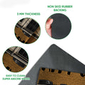 Close-up feature view of the camping RV doormat showing its printed surface, backing, and rounded edge