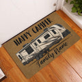 Camping RV doormat styled at an indoor doorway with warm brown artwork and a travel trailer illustration