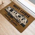 RV camping doormat displayed at an entryway with a travel trailer design and bold Happy Camper lettering