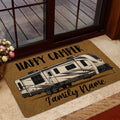 Camping-themed doormat shown beside a glass door with an RV illustration and family camping message