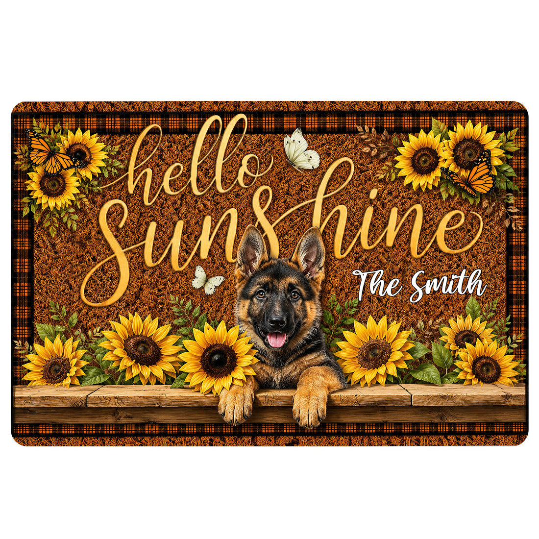 German Shepherd doormat with sunflowers, butterflies, rustic wood accents and a warm golden welcome design