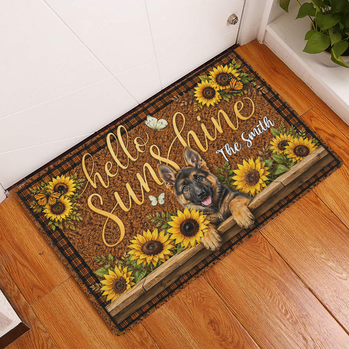 German Shepherd sunflower doormat styled at a home entryway on a warm wood floor