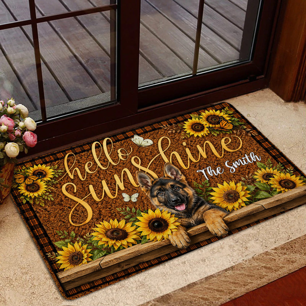 Sunflower and German Shepherd door mat arranged at a glass entry door in a welcoming home setting