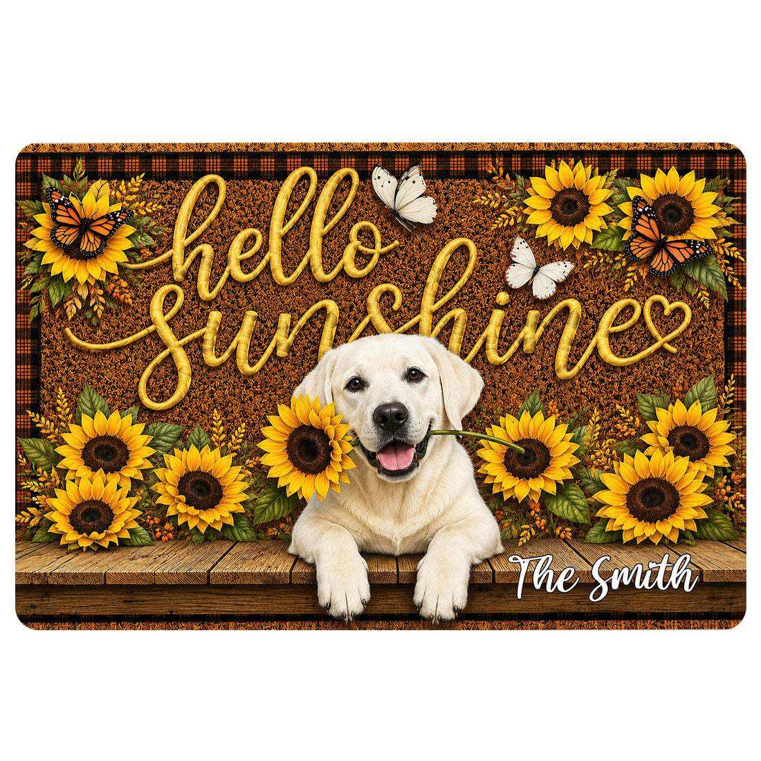 Labrador Retriever doormat with a cheerful puppy, sunflowers, butterflies, and a warm rustic welcome design