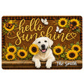 Labrador Retriever doormat with a cheerful puppy, sunflowers, butterflies, and a warm rustic welcome design