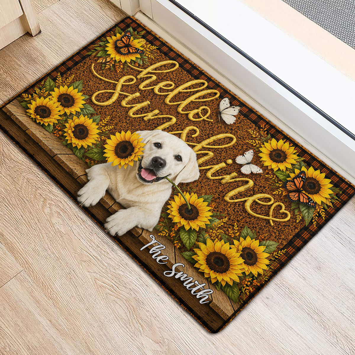 Labrador Retriever doormat shown at a home entrance with a puppy, sunflowers, butterflies, and rustic wood details