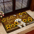 Labrador Retriever front door mat displayed in a home entryway with bright sunflower artwork and a welcoming puppy