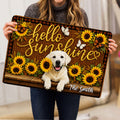 Person holding a Labrador Retriever doormat featuring a smiling puppy, sunflowers, butterflies, and rustic decor