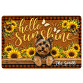 Yorkie doormat with a cheerful Yorkshire Terrier surrounded by sunflowers, butterflies, and warm rustic accents