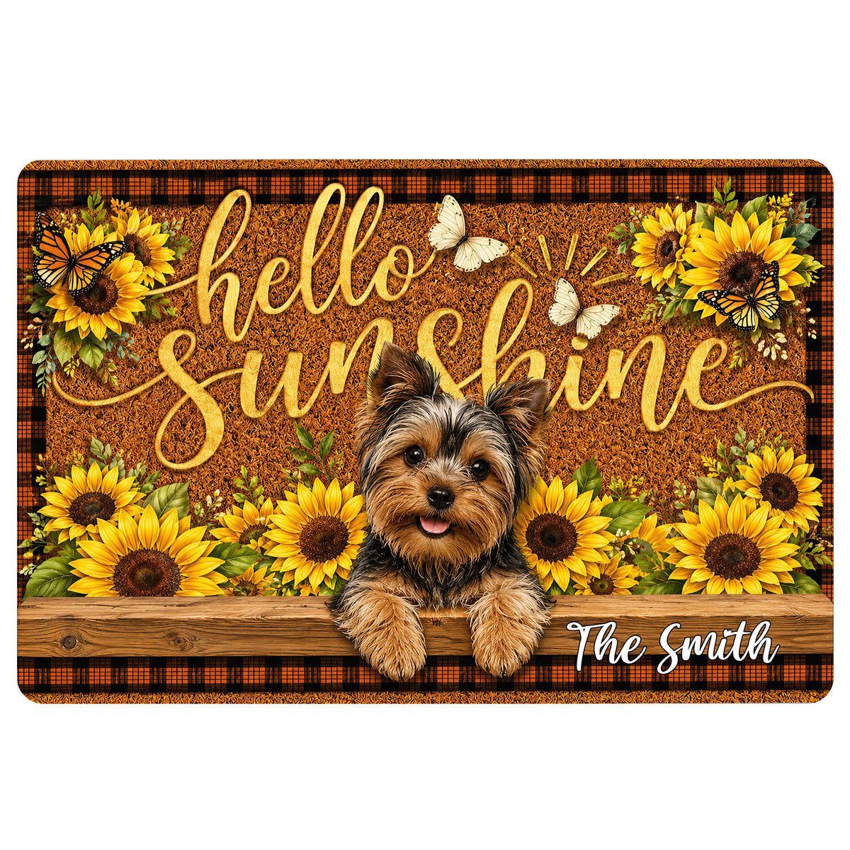 Yorkie doormat with a cheerful Yorkshire Terrier surrounded by sunflowers, butterflies, and warm rustic accents