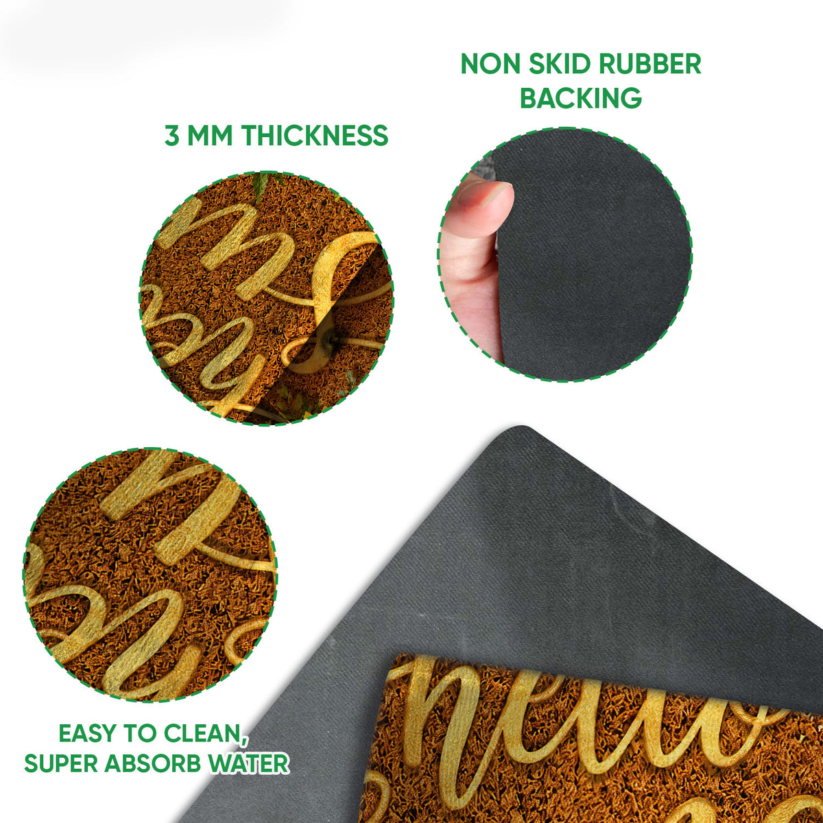 Close-up feature view of the Yorkie doormat print and dark rubber backing with rounded edge detail