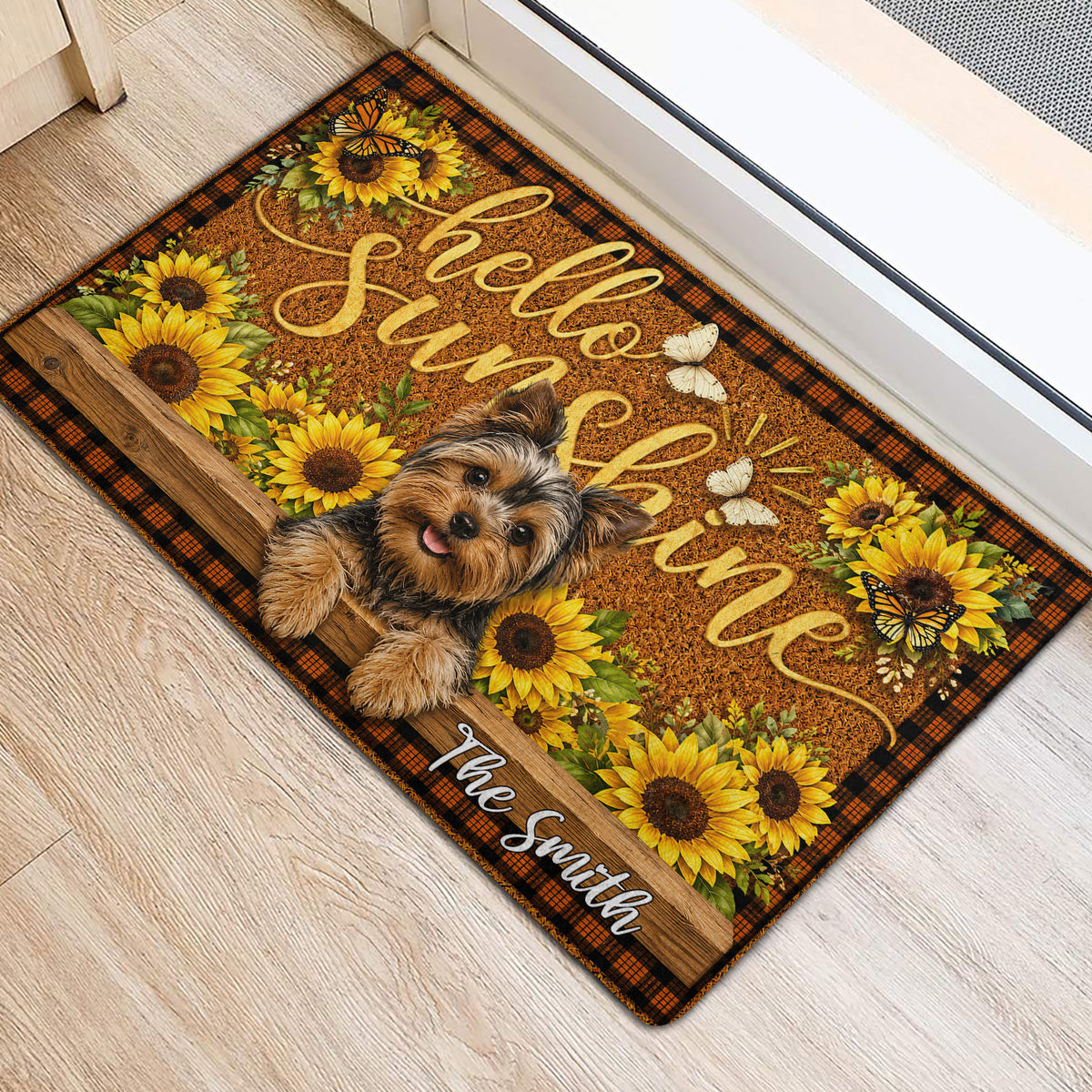 Yorkshire Terrier welcome doormat styled near a doorway with sunflowers, butterflies, and rustic wood artwork