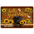 Pug doormat with sunflowers, butterflies, warm brown plaid accents, and a welcoming script design