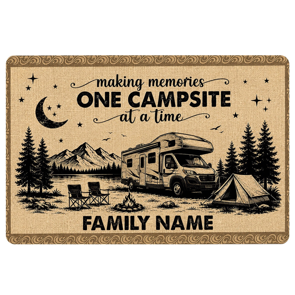 Camping doormat with RV, tent, campfire, mountains, lake and evergreen trees in a rustic tan design
