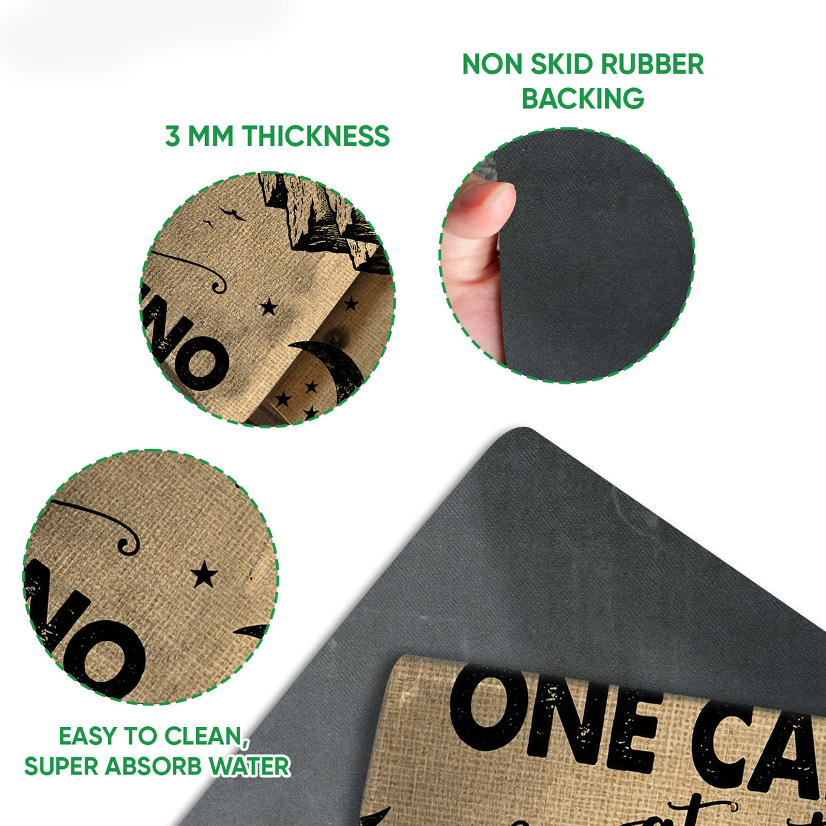 Close-up view of the camping doormat surface and black rubber backing with printed RV artwork