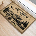 Camping-themed entryway rug featuring an RV, tent, mountains, trees, moon and stars