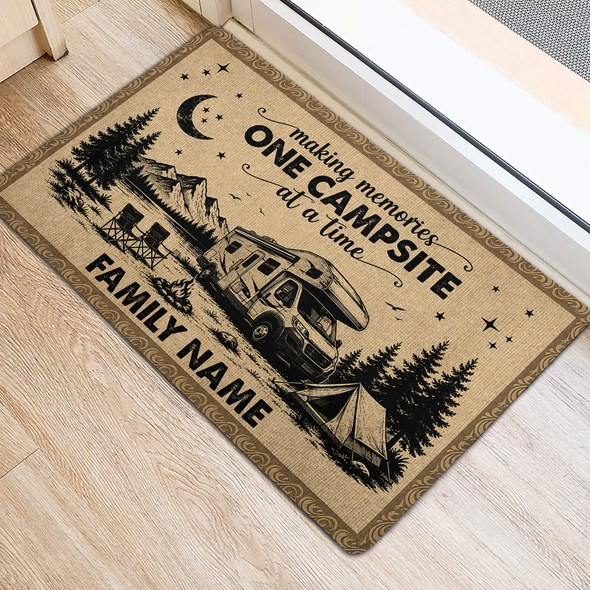 Camping-themed entryway rug featuring an RV, tent, mountains, trees, moon and stars