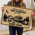 Camping lifestyle artwork shown on a rectangular doormat with RV, tent, lake and mountain scene