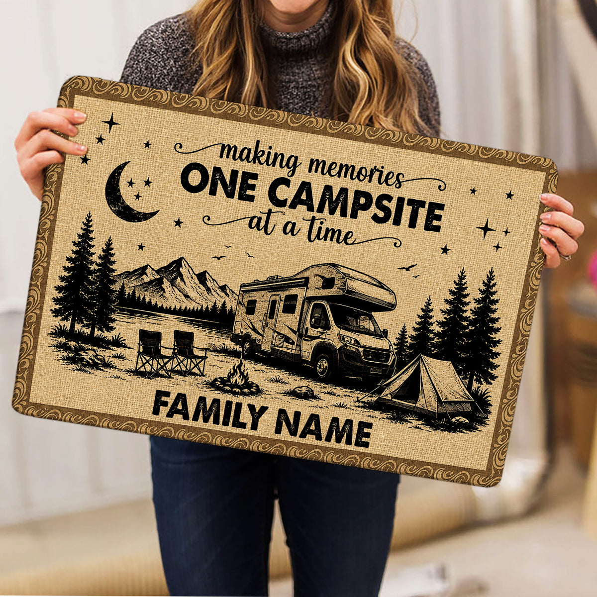 Camping lifestyle artwork shown on a rectangular doormat with RV, tent, lake and mountain scene
