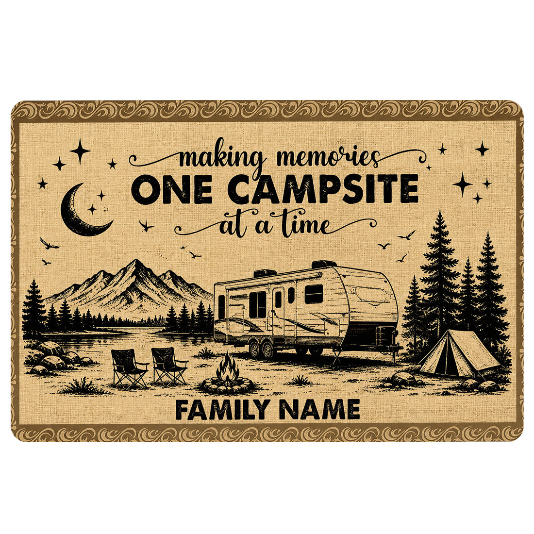 Camping doormat with RV, tent, mountains, campfire, pine trees and decorative border artwork