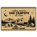 Camping doormat with RV, tent, mountains, campfire, pine trees and decorative border artwork