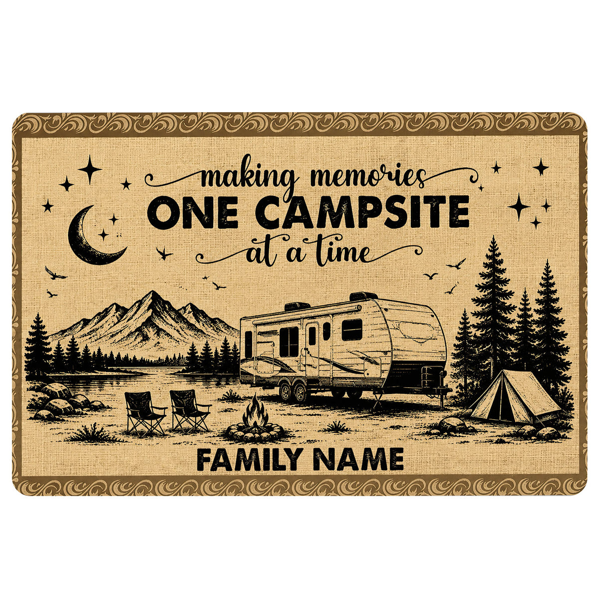 Camping doormat with RV, tent, mountains, campfire, pine trees and decorative border artwork