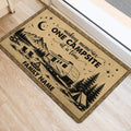 Camping door mat in a home entryway with RV, mountain, tent and forest illustration