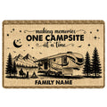 Camping doormat with RV, mountains, pine trees, campfire, stars, and rustic tan border artwork