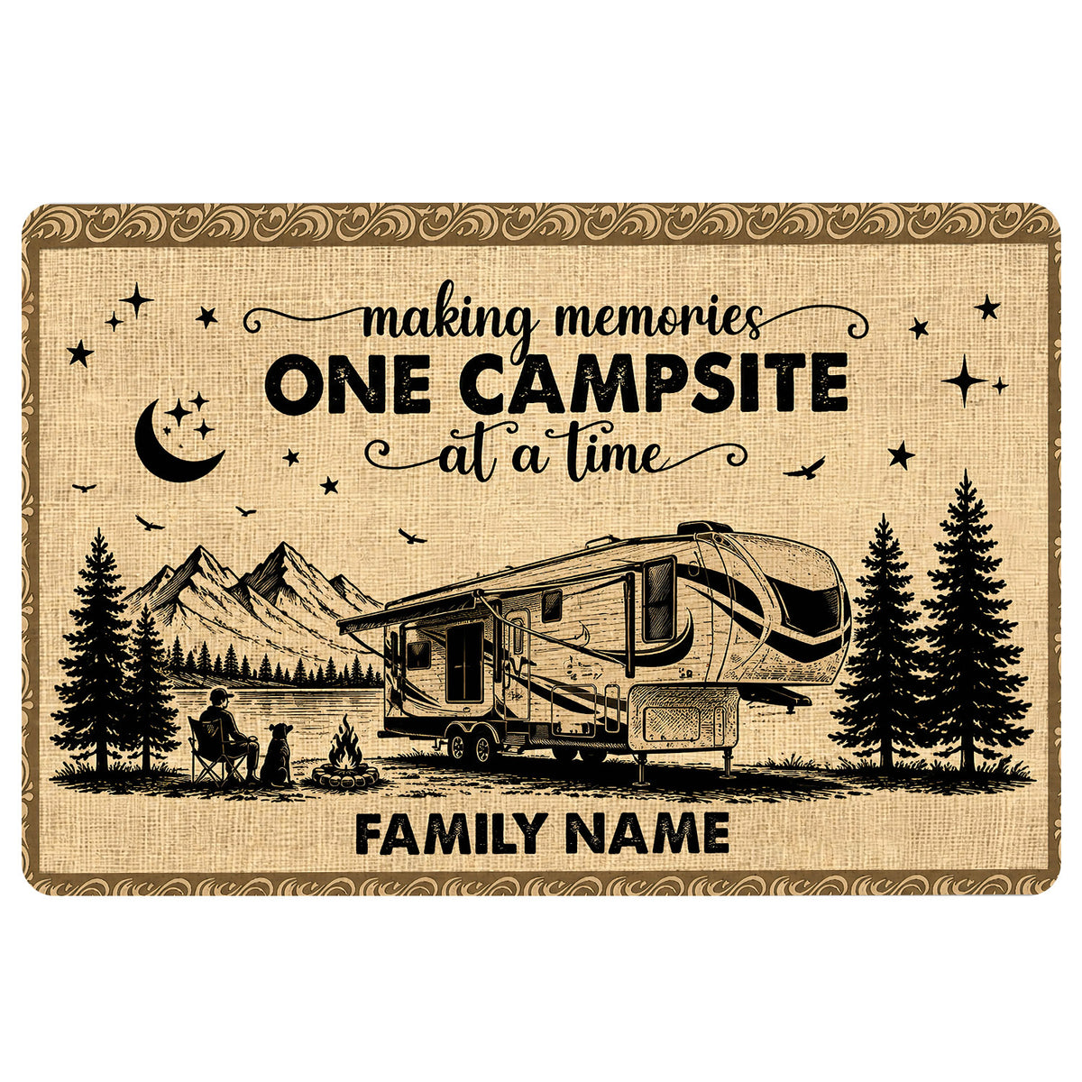 Camping doormat with RV, mountains, pine trees, campfire, stars, and rustic tan border artwork