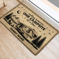Camping RV doormat placed by a doorway, featuring mountain scenery, pine trees, stars, and a campfire