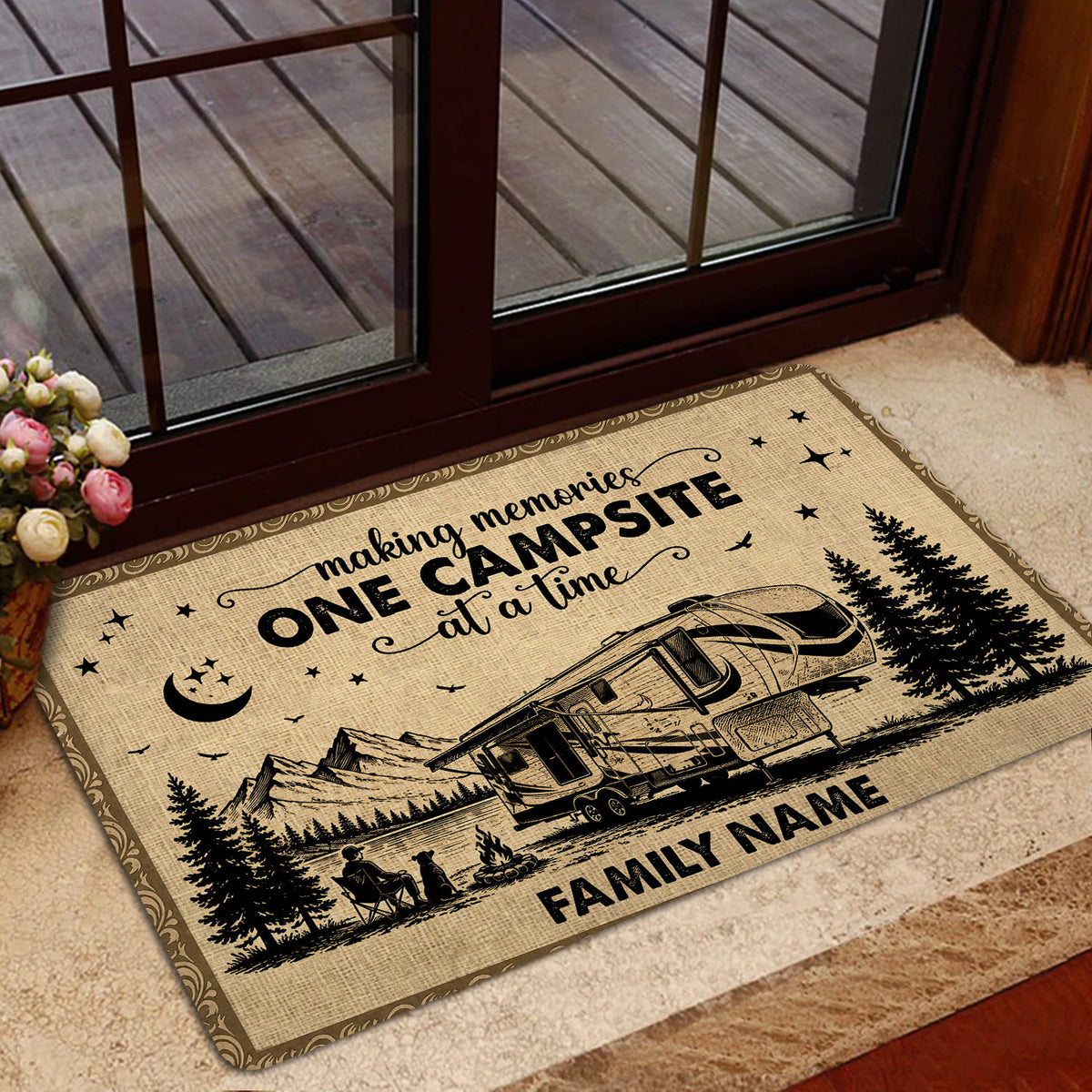 Rustic RV camping doormat styled in a home entrance with outdoor adventure artwork and forest scenery