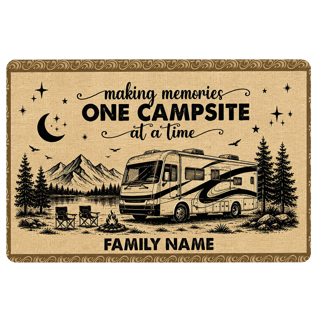 Camping doormat featuring an RV campsite scene, mountains, pine trees, campfire, stars, and crescent moon