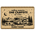 Camping doormat featuring an RV campsite scene, mountains, pine trees, campfire, stars, and crescent moon