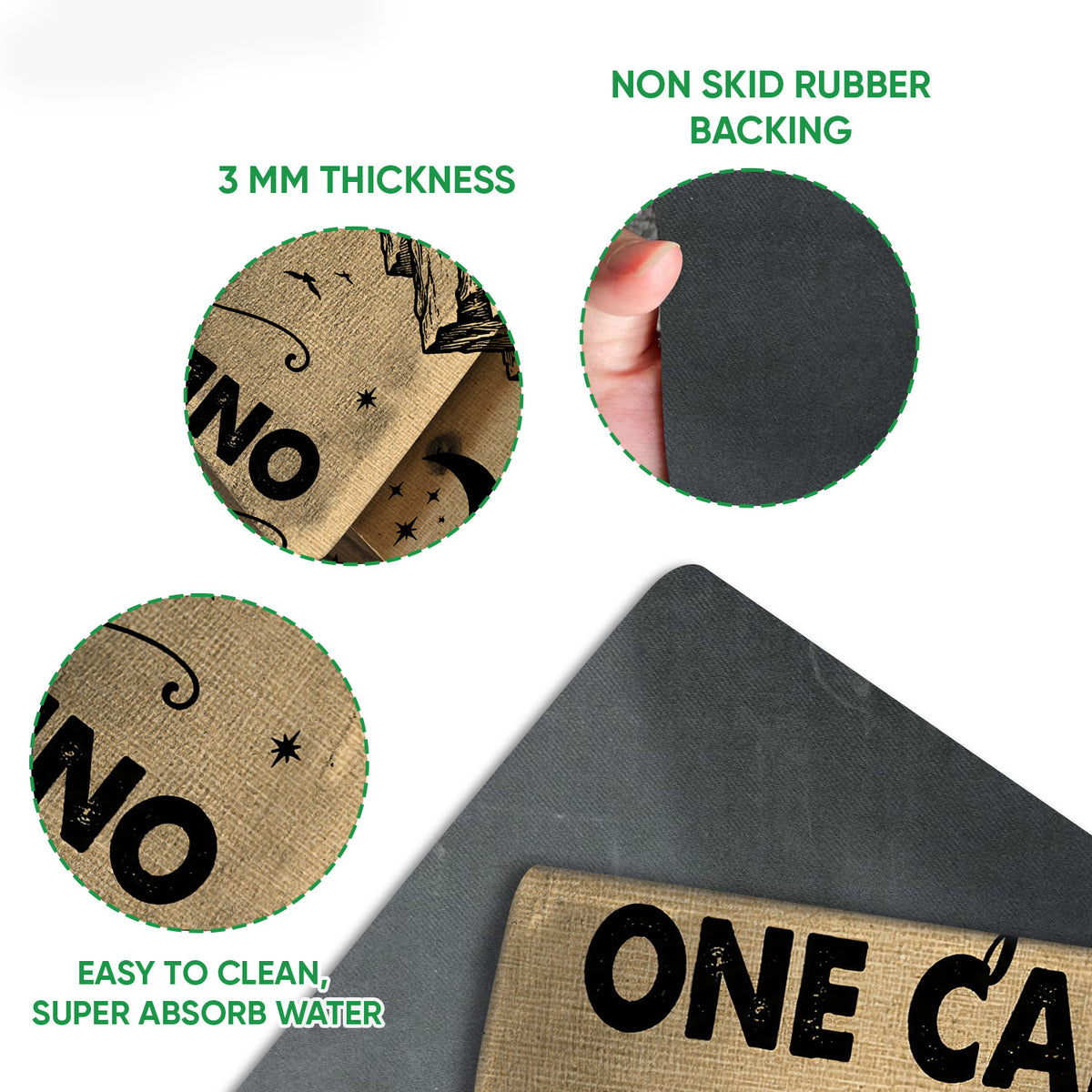 Close-up view of the camping doormat surface and dark rubber backing with construction feature callouts