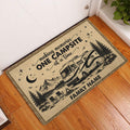 Camping RV doormat displayed at a home entryway on hardwood flooring with mountain and campsite artwork